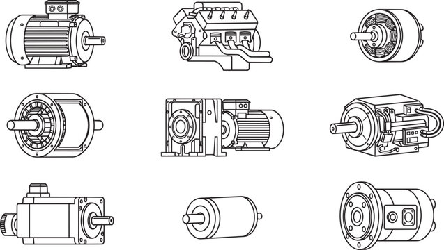 Industrial electric motors and mechanical drive units collection featuring various housing shapes, shafts, and gear reduction systems