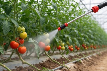 Fototapeta premium An agricultural sprayer nozzle applies a fine mist to rows of growing tomatoes in a greenhouse.