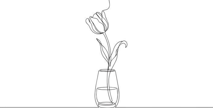 Minimalist continuous line of a single tulip flower in a glass vase, simple black ink contour on a white background