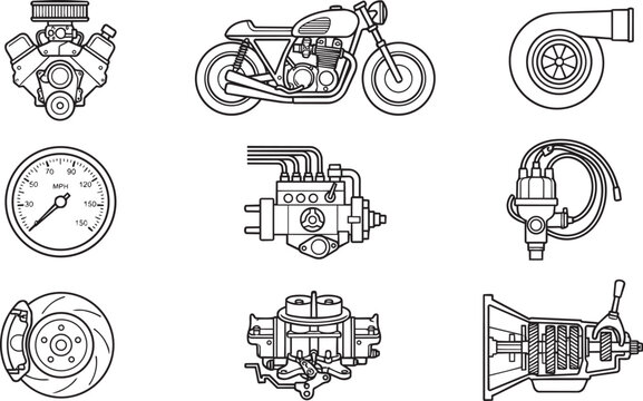 Motorcycle and automotive engine components icon set featuring brakes, transmissions, and gauges in a clean black and white line style