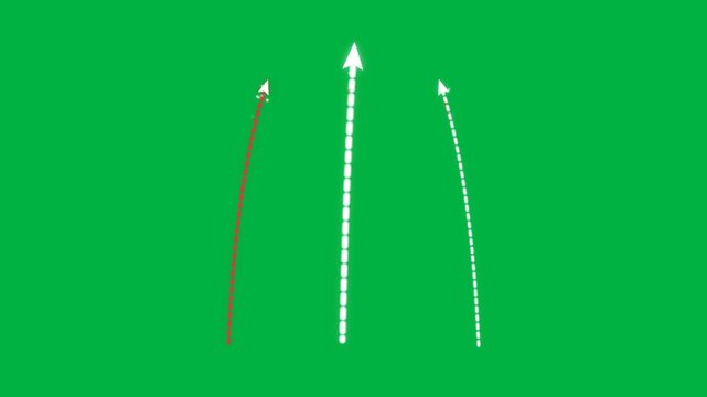 Premium motion graphics asset featuring animated curved dashed trajectory arrows surging upwards from bottom to top with glowing pill dashes, leading.