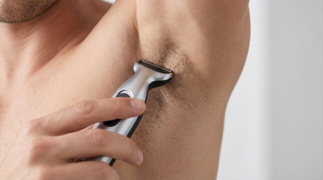 A man using an electric trimmer to shave the hair in his underarm area for personal grooming.