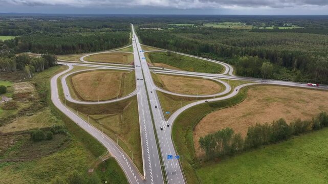 Aerial View of A7 Highway Interchange with Connecting Ramps near Kekava, Latvia