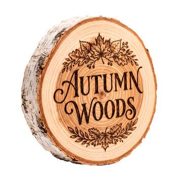 Rustic Birch Log Slice with Pyrography Art Featuring Autumn Leaves and Text PNG Isolated on transparent background