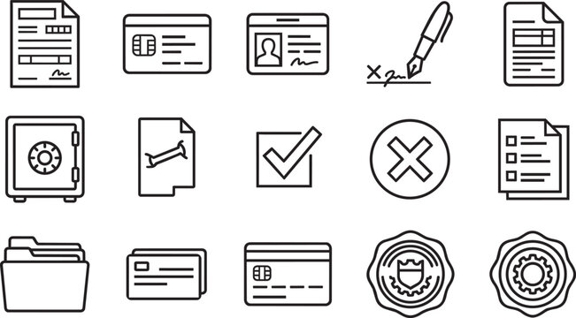 Set of black and white line icons representing banking, finance, security, documents, and personal identification cards