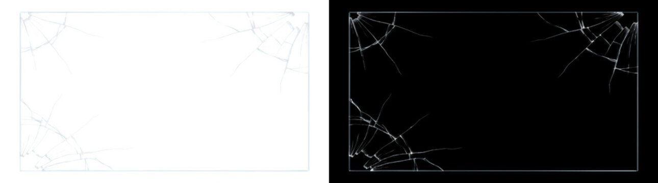 Cracked glass pane with fractured corners and a clear rectangular border frame using PNG, Transparent and Black Background Versions for overlays