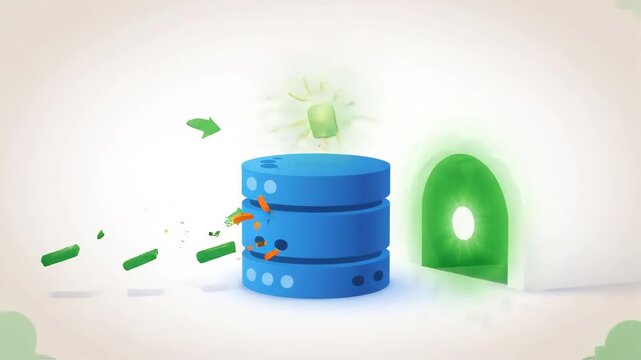 Digital database icon showing data packets flowing through connection pool tunnel visualized as abstract geometric shapes moving between storage units on clean white background