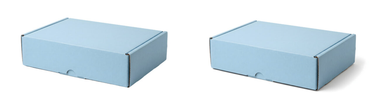Mailer boxes in soft pastel blue corrugated cardboard with closed lid and front finger notch on a clean white background for packaging mockups