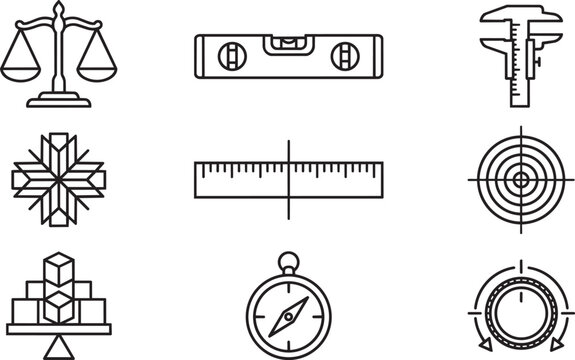 Set of black line icons featuring scales, measuring tools, targets, and geometric shapes, isolated on a white background