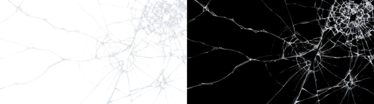 Shattered glass crack pattern with impact points and fracture lines for realistic overlay effects using PNG, Transparent and Black Background Versions