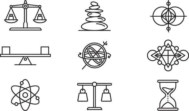 Set of black line icons featuring scales, stacked stones, geometric patterns, and an hourglass, isolated on a white background
