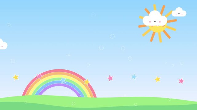 Cute cartoon background with smiling sun fluffy clouds and rainbow over green hills with twinkling stars