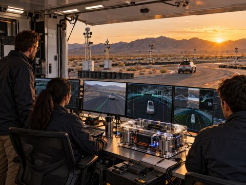 Engineers monitor autonomous vehicle testing on a desert track at sunset, analyzing multiple screens displaying real-time sensor and driving data.