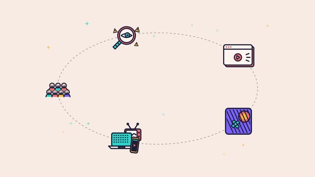 Premium 2D vector animation featuring a confident content creator juggling and balancing an orbital stream of multimedia elements: audience community,.