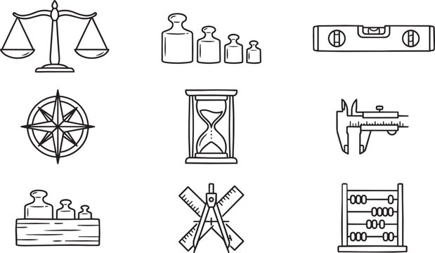 Set of measurement and calculation icons including scales, weights, levels, compass, hourglass, calipers, and abacus on white background