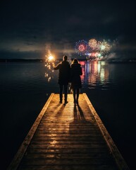 Fototapeta premium Romantic couple on a wooden lake pier holding a sparkler with festive fireworks reflecting on water, capturing celebratory togetherness for New Year's Eve and holiday marketing.