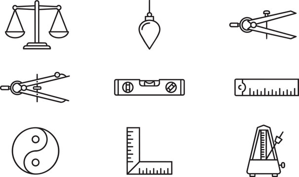 Set of nine black and white line icons depicting various measurement, drafting, and timekeeping tools for technical and office use