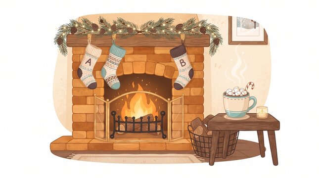 Cozy winter fireplace decorated with pine branches, stockings, and a cup of hot chocolate
