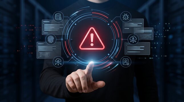 Cybersecurity alert concept with red warning sign and digital security icons controlled by a human hand as a 3d render for threat detection and network protection systems