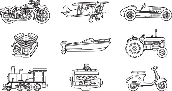 Set of transportation and mechanical line icons featuring motorcycles, airplanes, race cars, boat motors, tractors, trains, and vehicle engines