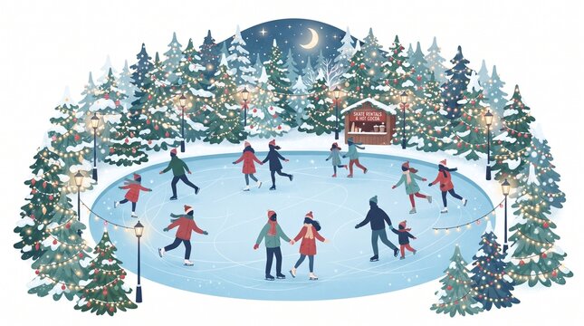 People ice skating on an outdoor rink surrounded by snowy winter forest and lights