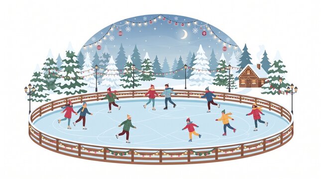 People ice skating on an outdoor rink with wooden fence and snowy trees
