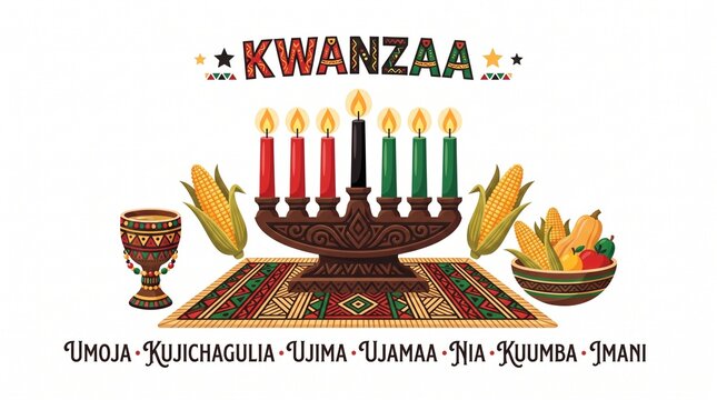 Kwanzaa celebration vector illustration with kinara candles, unity cup, and traditional symbols