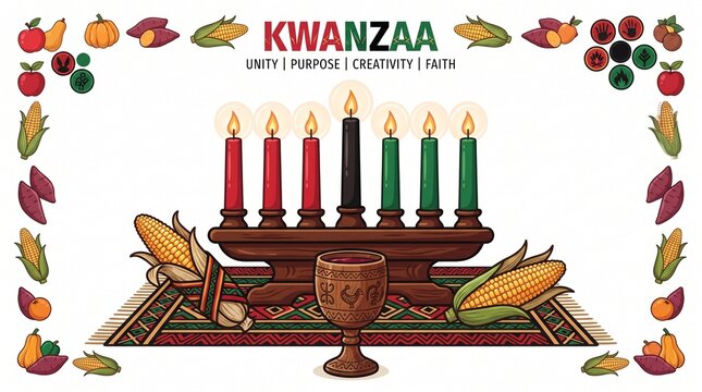 Kwanzaa festival greeting vector design with kinara candles, mat, and harvest elements