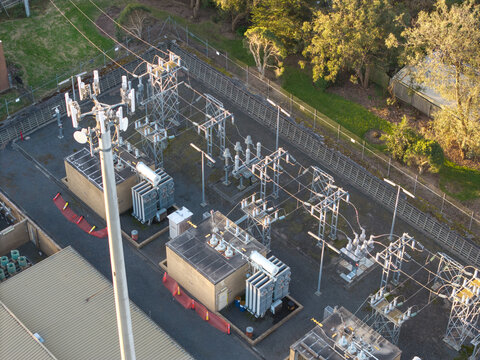 Melbourne, Australia - 05 October 2026: Aerial view of the electrical substation in Boronia and Bayswater with industrial equipment, transformers, and a tall telecommunications tower.
