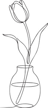 Single continuous line of a tulip flower in a glass vase with water, minimalist black ink on a white background