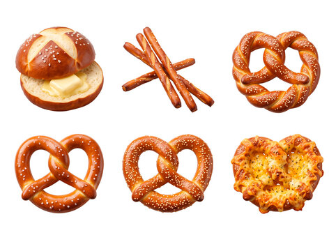 Assortment of Bavarian pretzels and breadsticks with butter and cheese, perfect for Oktoberfest celebrations PNG Isolated on transparent background