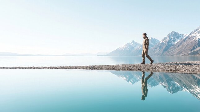 Solo traveler walking on a narrow rocky path in a serene mountain lake with a perfect water reflection, capturing peaceful solitude and outdoor adventure for travel and lifestyle brand marketing.