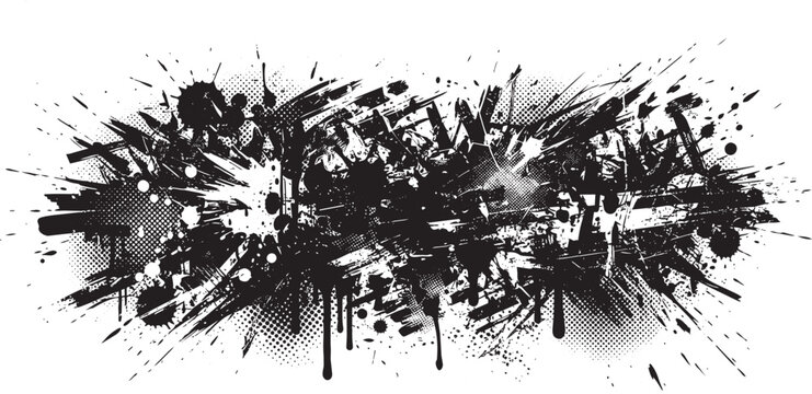 Abstract black ink splatter banner with halftone dot texture and grunge brush strokes, isolated on a white background for