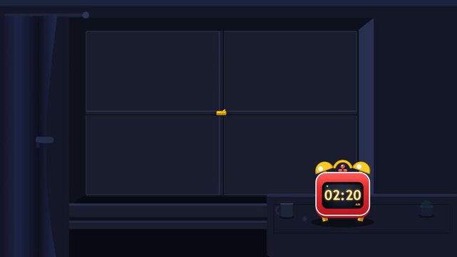 High-precision 2.5D commercial motion graphics POV from a cozy bedroom window transitioning from peaceful midnight to 5:00 AM dawn, triggering an industrial-designed vibrating desk alarm clock 