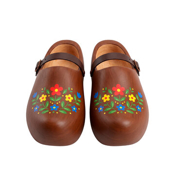 Traditional wooden clogs decorated with colorful floral patterns, perfect for Oktoberfest celebrations and cultural events PNG Isolated on transparent background