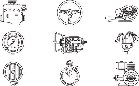 Automotive engine components and dashboard instruments collection featuring oil pressure gauges, gearboxes, and ignition distributors