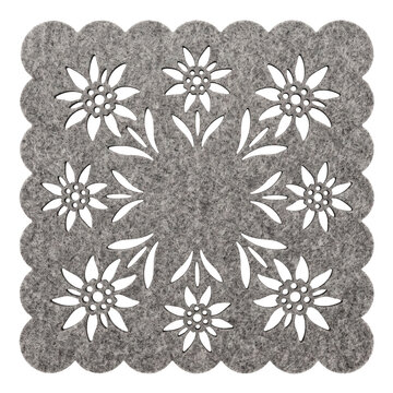 Grey felt coaster with edelweiss flower cutouts and scalloped edge for Oktoberfest celebrations PNG Isolated on transparent background