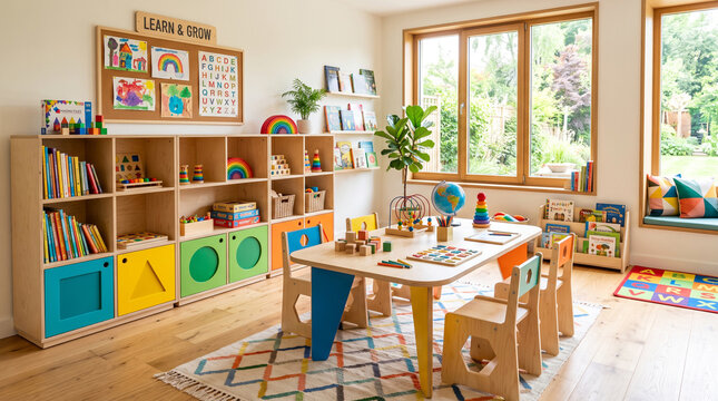Modern preschool classroom interior with wooden furniture and educational toys