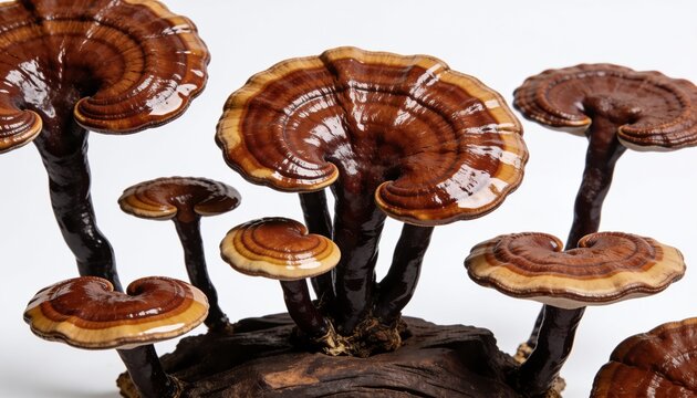 Mushroom reishi fungus growing on wood log in studio lighting for herbal medicine