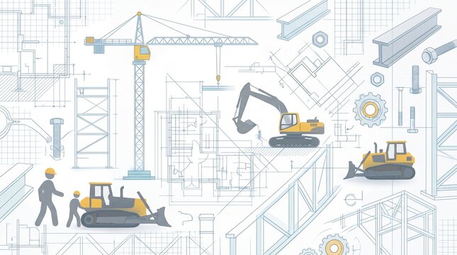 Construction Machinery and Engineering Blueprint Composition