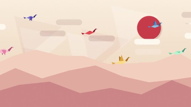 Origami birds flying over mountains during sunset with red sun in sky in minimal paper craft animation style