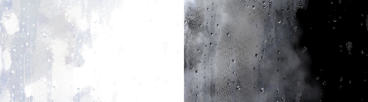 Water droplets overlay texture on glass with realistic condensation for compositing using PNG, Transparent and Black Background Versions in design projects