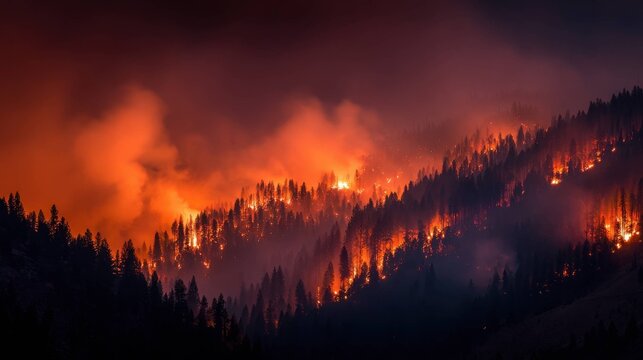 Intense forest fire raging across a mountainside under a smoky night sky