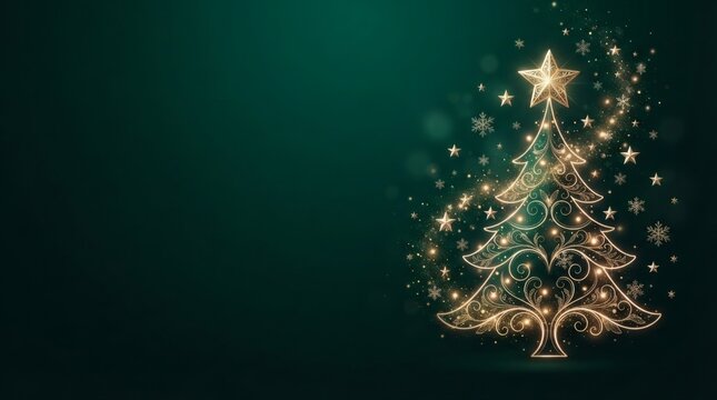 Elegant glowing golden Christmas tree illustration on a dark green background with sparkles.