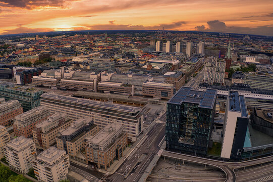 Aerial Drone View of Stockholm, Sweden at Sunrise