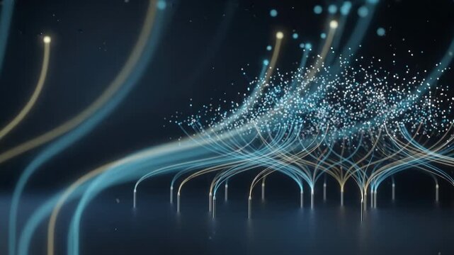Technology powers glowing digital data lines flowing upward into glowing particle clusters across dark virtual space, creating dynamic futuristic visualization for modern business concept.