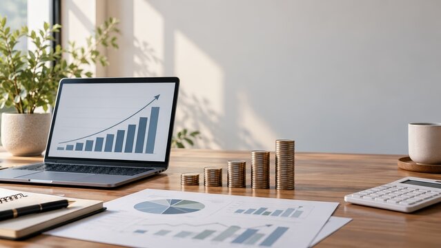 Professional business workspace featuring laptop charts coins calculator and data analysis documents on wooden desk office setup