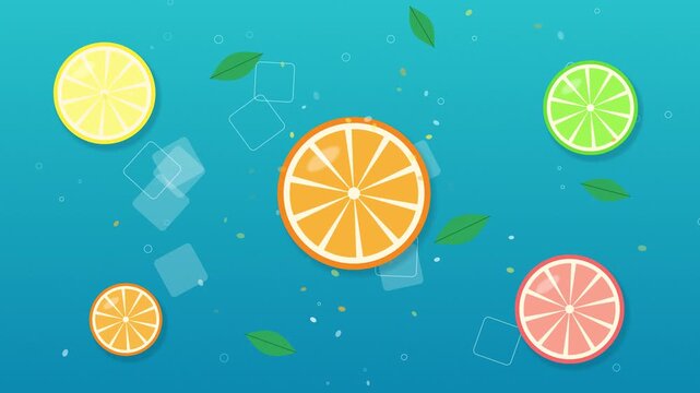 Vibrant citrus slices of orange lemon lime and grapefruit floating in blue water with bubbles and ice cubes
