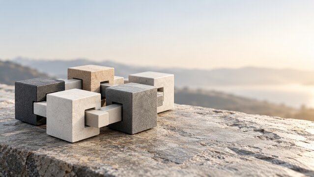 Abstract geometric stone sculpture featuring interlocking blocks overlooking a serene mountain landscape at sunset
