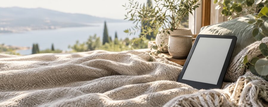 Cozy digital e reader displayed on textured blanket overlooking beautiful mediterranean sea coast view